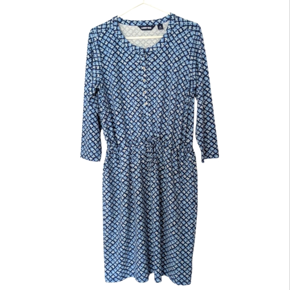 Land's End Blue & White Floral Long Sleeved Dress Size Medium